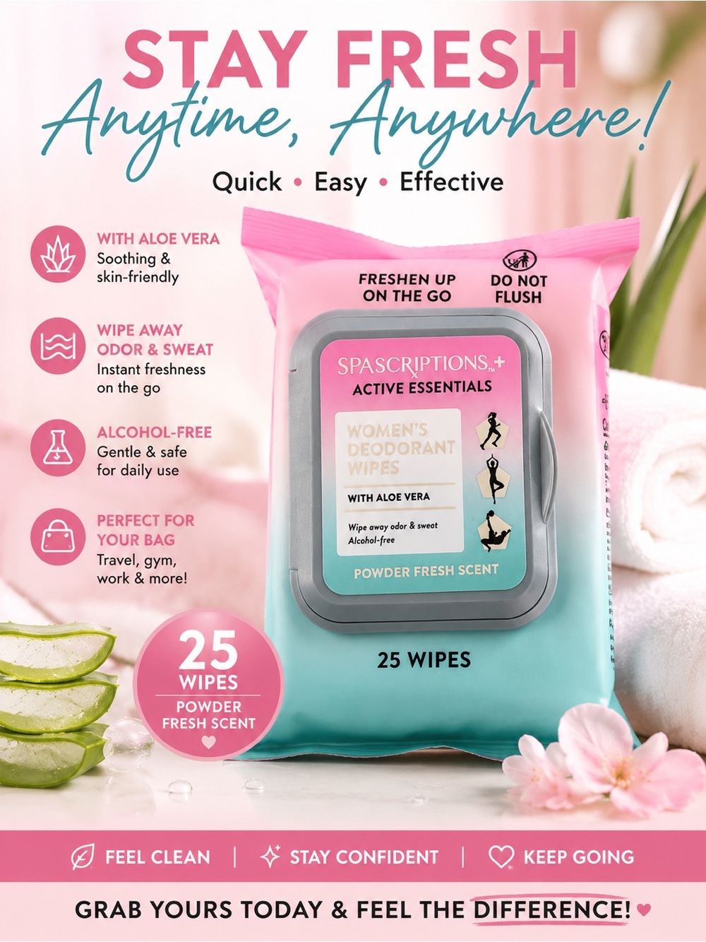 SpaScriptions+ Women’s Deodorant Wipes - Powder Fresh Scent